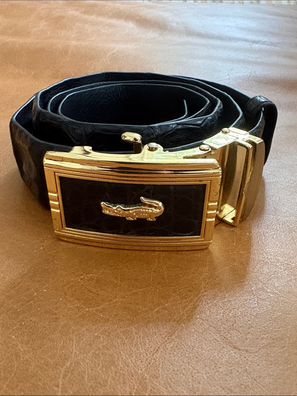 Leather Men’s Belt with Gold Crocodile Buckle - Black